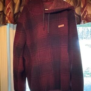 Plaid Hooded Sweater - Burgundy and Black